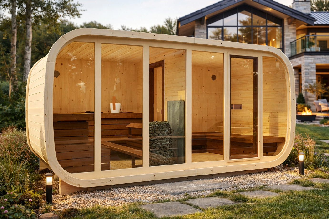 Czarna sauna ogrodowa panoramiczna z przeszkloną fasadą o zmierzchu