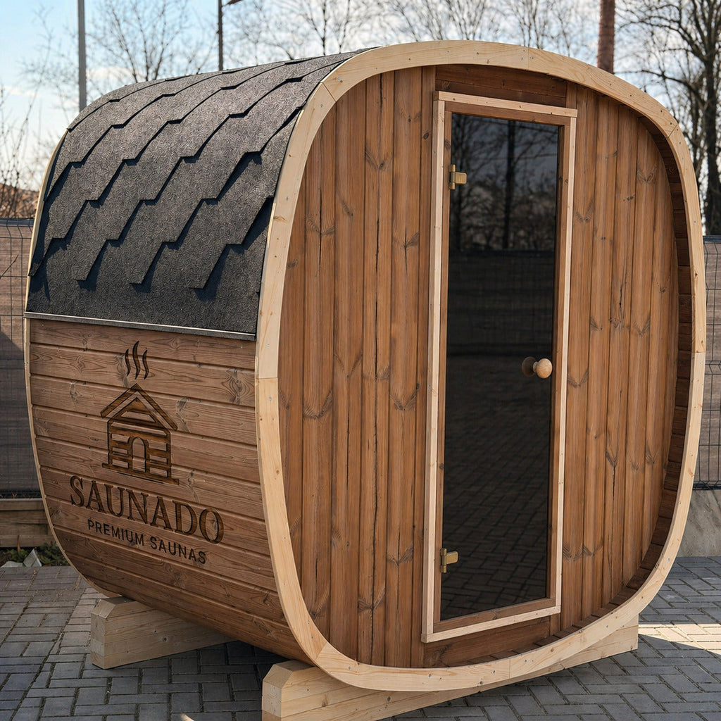 Sauna ogrodowa w kształcie beczki ustawiona na drewnianym tarasie o zmierzchu